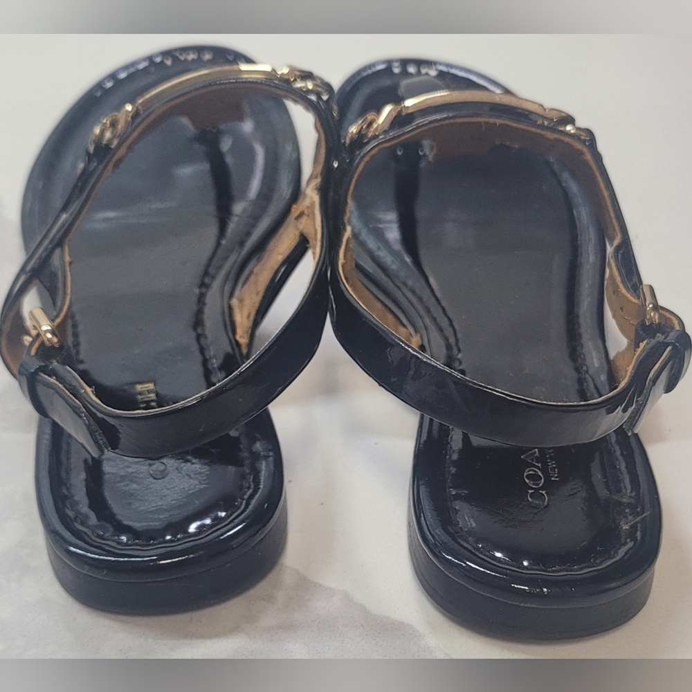 Coach Black Patent Leather T-Strap Sandals with Gold Plaque - Picture 3 of 10